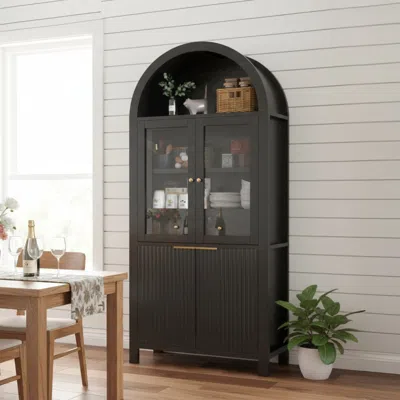 Streamdale Furniture Streamdale 71" Fluted Tall Arched Pantry Cabinet With Adjustable Shelves & Hidden Drawer, Black In Gray