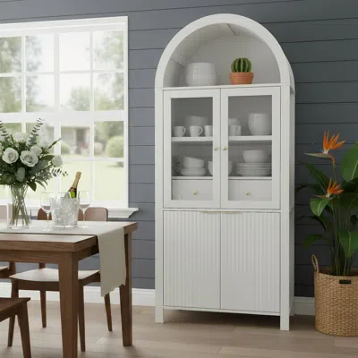 Streamdale Furniture Streamdale 71" Fluted Tall Arched Pantry Cabinet With Hidden Drawer & Glass Door, White