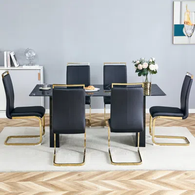 Streamdale Furniture Streamdale 71" Glass Dining Set With 6 Pu Chairs And Metal Legs