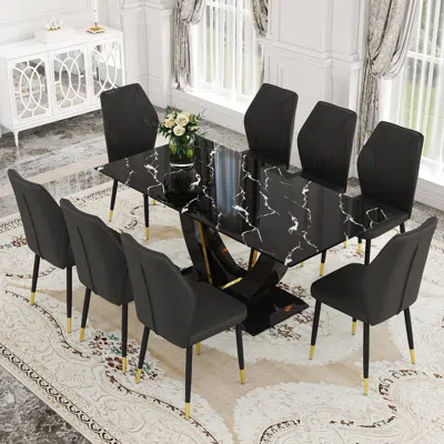 Streamdale Furniture Streamdale 71" Marble Glass Dining Set With 8 Widened Pu Chairs