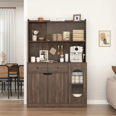 Streamdale Furniture Streamdale 71" Tall Kitchen Cabinet With Reeded Glass Doors And Microwave Stand