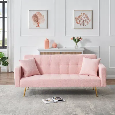 Streamdale Furniture Streamdale 71.7 - Inch Pink Teddy Fleece Sofa Bed With Two Complimentary Throw Pillows