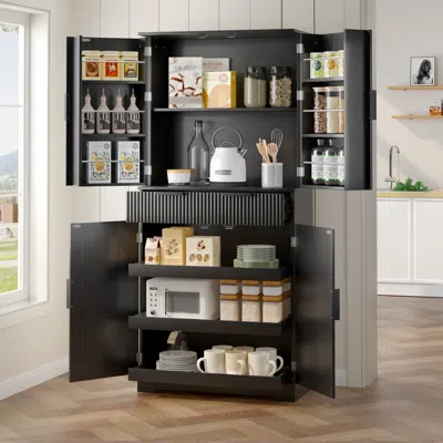 Streamdale Furniture Streamdale 72" Fluted Pantry Cabinet - Keyboard Drawers & Adjustable Shelves, Black