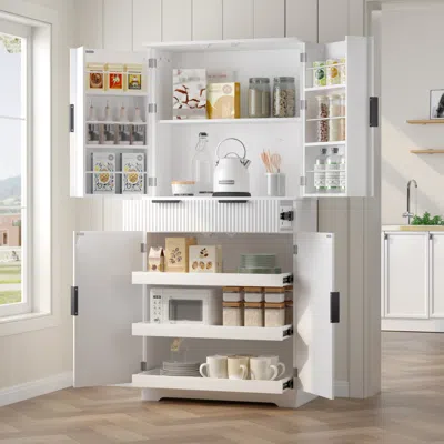 Streamdale Furniture Streamdale 72" Fluted Pantry Cabinet - Keyboard Drawers & Adjustable Shelves, White