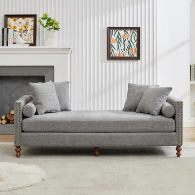 Streamdale Furniture Streamdale 75.2" Wide Upholstered Chaise Lounge With Nailheads & 4 Pillows, Gray Chenille