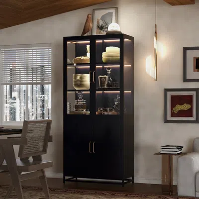 Streamdale Furniture Streamdale 76.75'' Tall Glass Display Cabinet With Led Lights And Steel Frame - Black