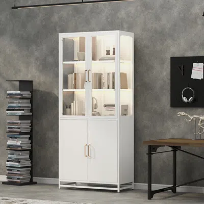 Streamdale Furniture Streamdale 76.75'' Tall Glass Display Cabinet With Led Lights And Steel Frame - White