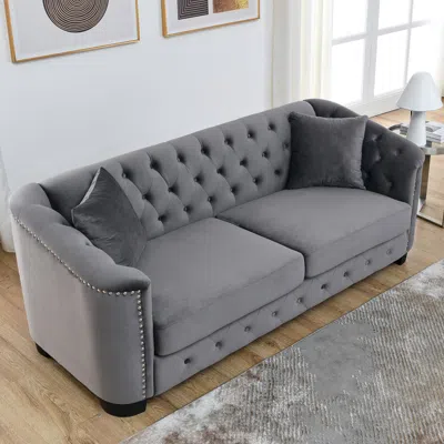 STREAMDALE FURNITURE STREAMDALE 77" MODERN CHESTERFIELD VELVET SOFA, TUFTED 3-SEATER, NAILHEAD ARMS (GREY)
