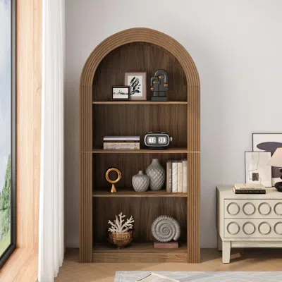 Streamdale Furniture Streamdale 78" Arched Bookcase - Mid Century Modern 4-tier Display Shelf (brown)