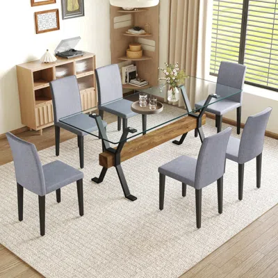 Streamdale Furniture Streamdale 79" Glass Table & 6 Gray Linen Chairs