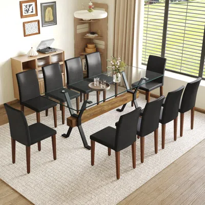 Streamdale Furniture Streamdale 79" Glass Table, X-legs & 10 Black Pu Chairs