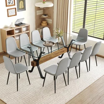 Streamdale Furniture Streamdale 79" Table & 10 Gray Linen Chairs, Black Metal Legs