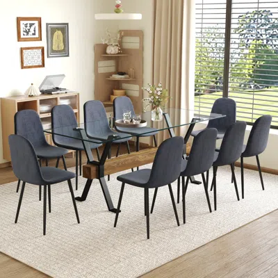 Streamdale Furniture Streamdale 79" Table & 10 Gray Linen Chairs, Black Metal Legs