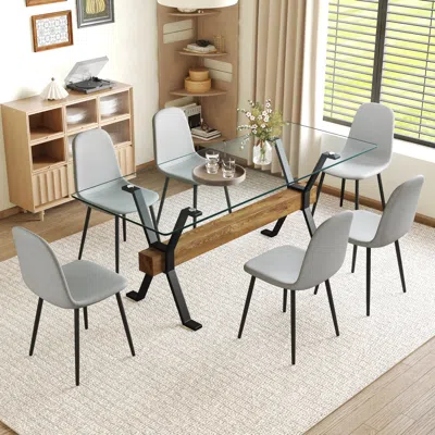 Streamdale Furniture Streamdale 79" Table & 6 Gray Linen Chairs, Black Metal Legs