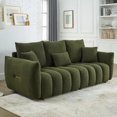 Streamdale Furniture Streamdale 79.5" Teddy Fabric Sofa With 3 Pillows & Cushions, Solid Wood Frame In Green