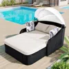 Streamdale Furniture Streamdale 79,9" Outdoor Sunbed, Adjustable Canopy, Double Lounge, Black Wicker, Beige Cushion