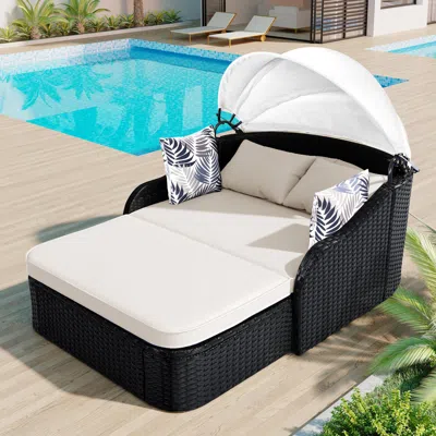 Streamdale Furniture Streamdale 79,9" Outdoor Sunbed, Adjustable Canopy, Double Lounge, Black Wicker, Beige Cushion