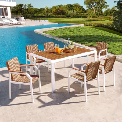 Streamdale Furniture Streamdale 7pc Patio Dining Set, Wicker Chairs, Acacia Tabletop, Brown Rattan