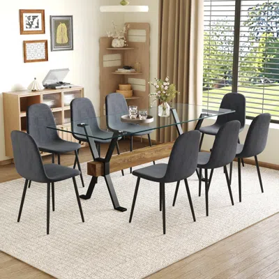 Streamdale Furniture Streamdale 8 Dark Gray Linen Chairs & Wood Grain Table