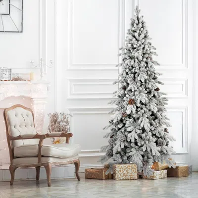 Streamdale Furniture Streamdale 8 Ft Flocked Pe/pvc Christmas Tree With Pine Cones & Snowy Look
