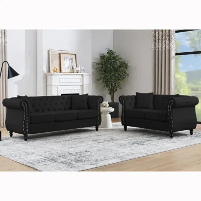 Streamdale Furniture Streamdale Black Velvet 3-seater Chesterfield Sofa With Tufted Couch