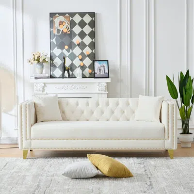 Streamdale Furniture Streamdale 80" Chesterfield Velvet Sofa, 3 Seater, Button Nailhead, Beige In White