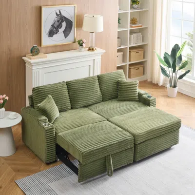 Streamdale Furniture Streamdale 80" Corduroy Sofa Bed With Reclining, Footstool, & Cup Holders - Green
