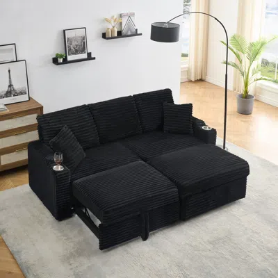 Streamdale Furniture Streamdale 80" Corduroy Sofa With Reclining, Cup Holders & Removable Footstool, Black