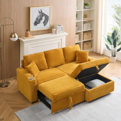 Streamdale Furniture Streamdale 80" Corduroy Sofa With Reclining, Footstool, Cup Holders - Orange