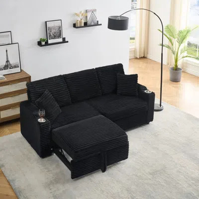 Streamdale Furniture Streamdale 80" Folding Corduroy Sofa Bed W/ Cup Holder & Pillow - Black