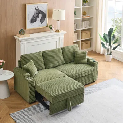 Streamdale Furniture Streamdale 80" Folding Corduroy Sofa Bed W/ Cup Holder & Pillow - Green