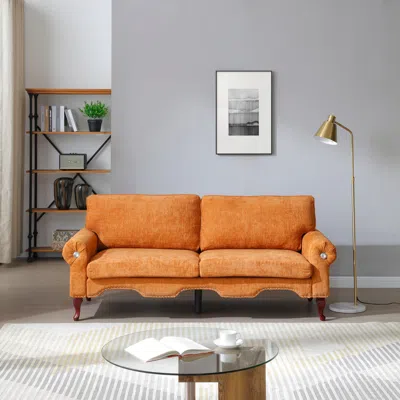 Streamdale Furniture Streamdale 80" Orange Linen Sofa With Tufted Back & Wooden Legs