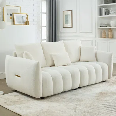 Streamdale Furniture Streamdale 81" Teddy Fabric Sofa - 3 Pillows & Cushions - Solid Wood Frame In White