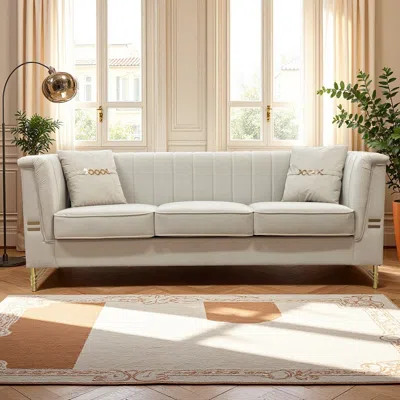 Streamdale Furniture Streamdale 82" Modern Velvet Chesterfield Beige Couch With 2 Pillows