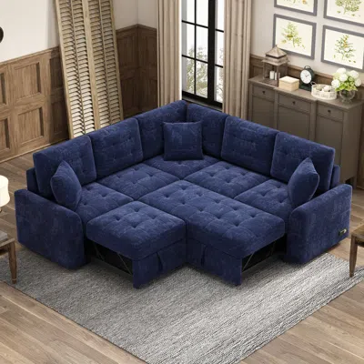 Streamdale Furniture Streamdale 82.6" L-shape Sofa Bed Pull-out Sleeper Sofa With Wheels In Blue
