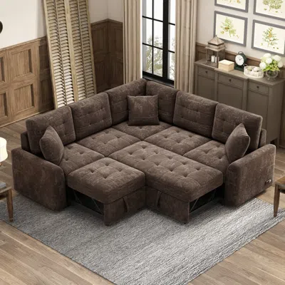 Streamdale Furniture Streamdale 82.6" L-shape Sofa Bed Pull-out Sleeper Sofa With Wheels In Brown