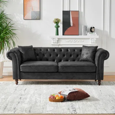 Streamdale Furniture Streamdale 83" Chesterfield Tech Fabric Sofa, Mid Century Modern Couch, Black