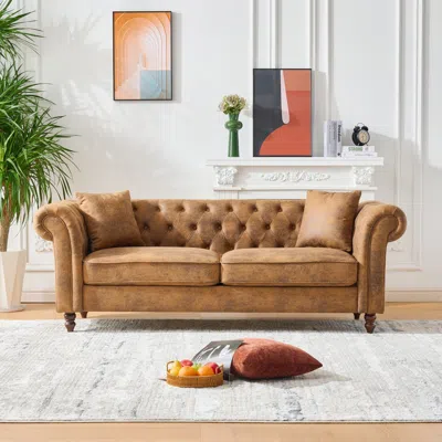 Streamdale Furniture Streamdale 83" Chesterfield Tech Fabric Sofa, Mid Century Modern Couch, Brown