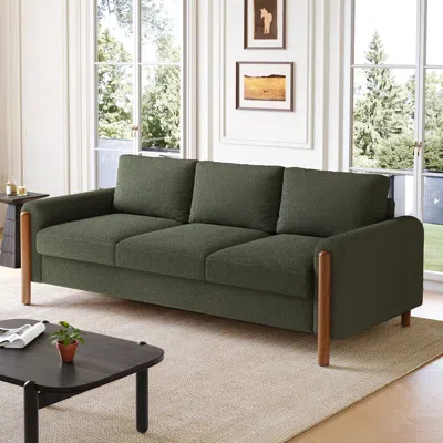 Streamdale Furniture Streamdale 83.86" 3-seater Sofa, Curved Armrest, Teddy Velvet, Solid Wood Legs & Frame, Green