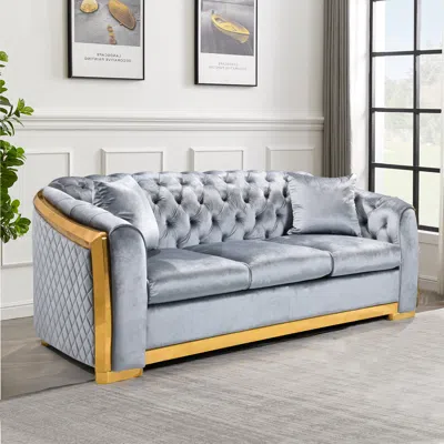 Streamdale Furniture Streamdale 84" Velvet Luxury Chesterfield Sofa Set In Gray