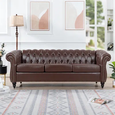 Streamdale Furniture Streamdale 84.65" Pu Rolled Arm Chesterfield Three Seater Sofa In Brown