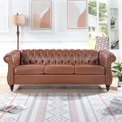 Streamdale Furniture Streamdale 84.65" Pu Rolled Arm Chesterfield Three Seater Sofa