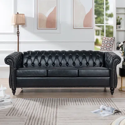 Streamdale Furniture Streamdale 84.65" Pu Rolled Arm Chesterfield Three Seater Sofa