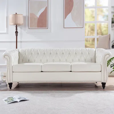 Streamdale Furniture Streamdale 84.65" Rolled Arm Chesterfield 3 Seater Sofa In White