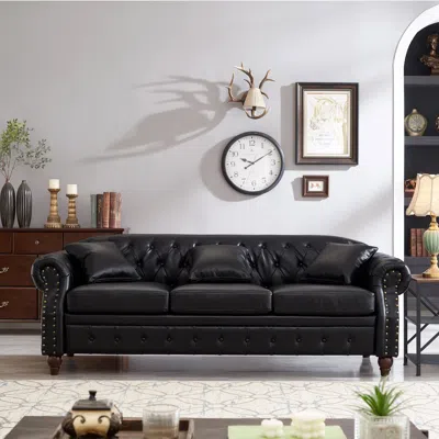 Streamdale Furniture Streamdale 85.8" Chesterfield Sofa - Tufted Faux Leather - Black