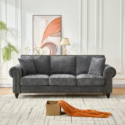 Streamdale Furniture Streamdale 86" Modern Chenille Sofa With Rolled Arms & Nailhead Trim In Gray