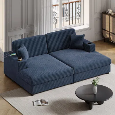 Streamdale Furniture Streamdale 86.5" Oversized Corduroy Sofa Bed With Usb & Cup Holders, Pillows