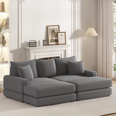 Streamdale Furniture Streamdale 86.6" Corduroy 3-seater Sofa Set With Pillows And Ottoman In Gray