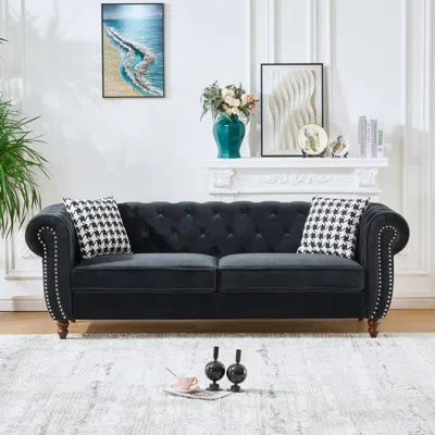 Streamdale Furniture Streamdale 87" Chesterfield Velvet Sofa, Roll Arm, Nailhead Trim, 3 Seater, Black