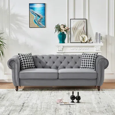 Streamdale Furniture Streamdale 87" Chesterfield Velvet Sofa, Roll Arm, Nailhead Trim, Mid Century Modern, Grey In Gray